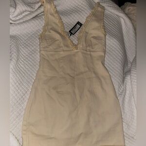 Cream Denim Mini Dress with V Neck and Ruffles